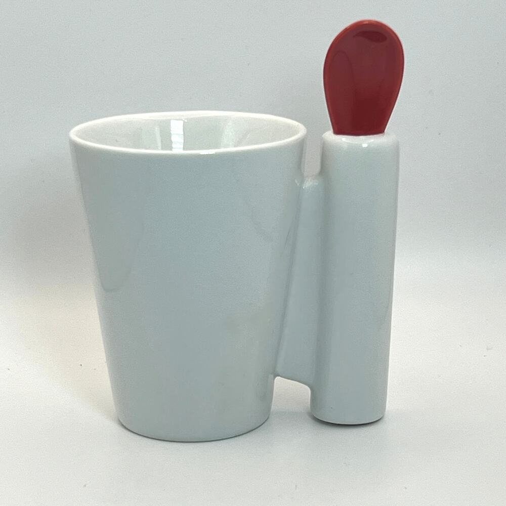 Set of 4 Crate and Barrel CB2 Spoon Mugs Coffee Tea Hot Cocoa Cups Red White